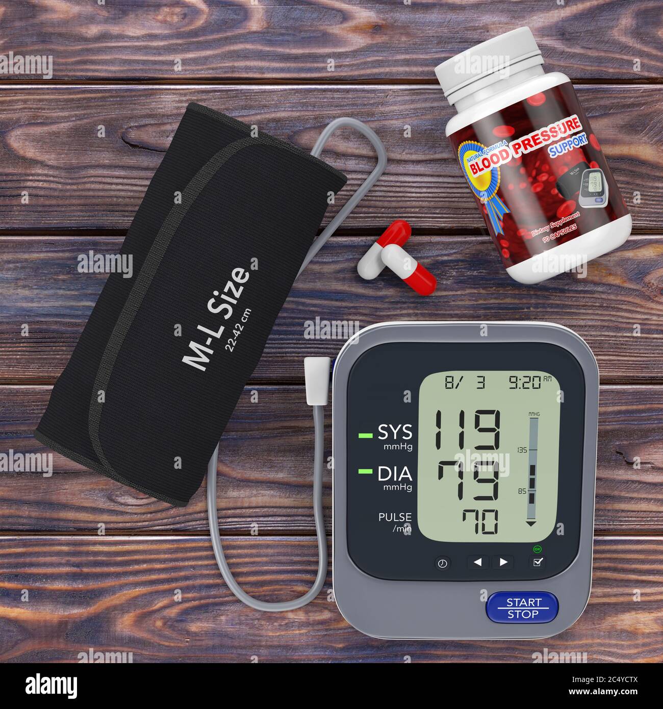 Flacone in plastica con pillole di supporto per la pressione sanguigna e monitor digitale per la pressione sanguigna con bracciale su un tavolo di legno. Rendering 3d Foto Stock