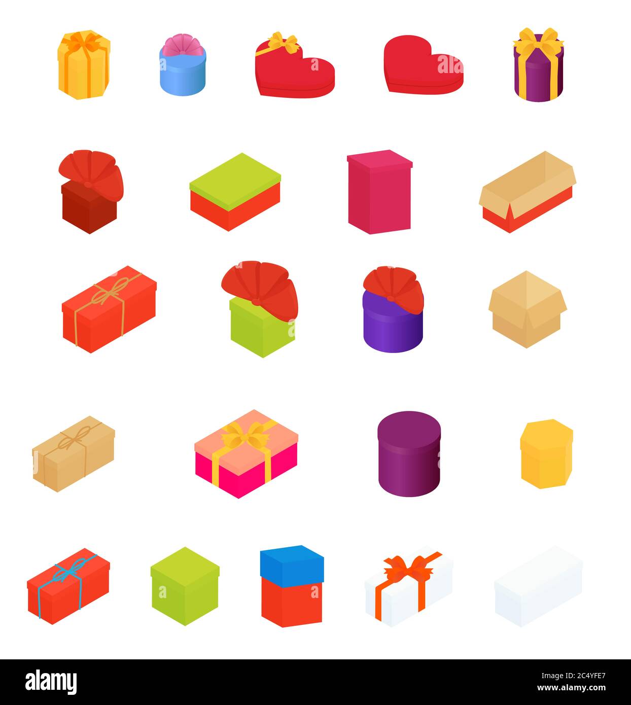 set di confezioni regalo in diversi colori. icone decorative delle scatole isolate su bianco Illustrazione Vettoriale