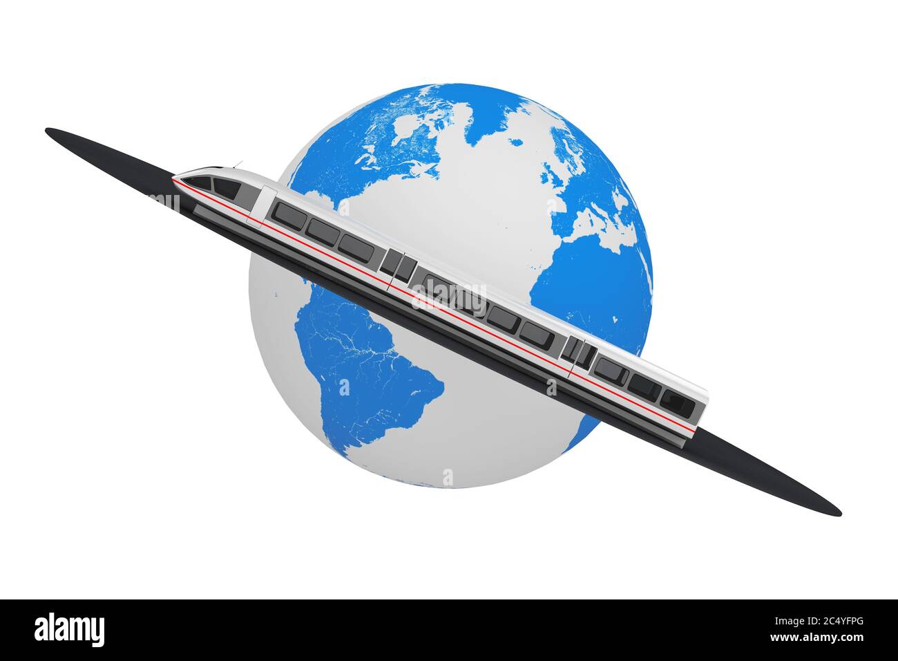 Super High Speed futuristico Computer treno su strada intorno Terra Globe su uno sfondo bianco. Rendering 3d Foto Stock