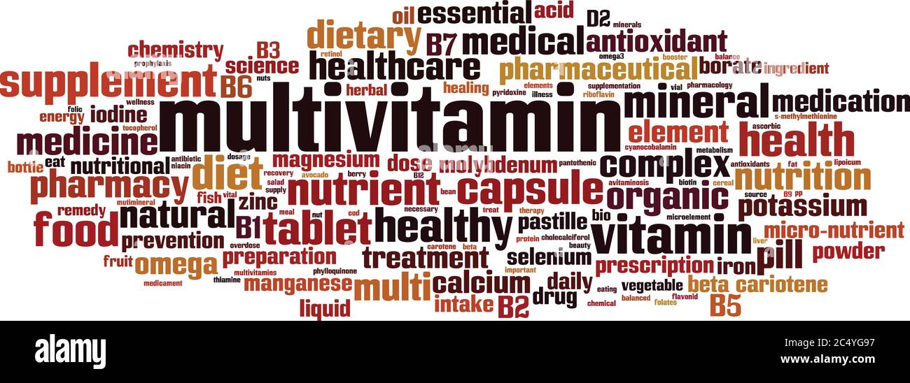 Concetto di cloud con parole multivitaminiche. Collage fatto di parole su multivitaminico. Illustrazione vettoriale Illustrazione Vettoriale