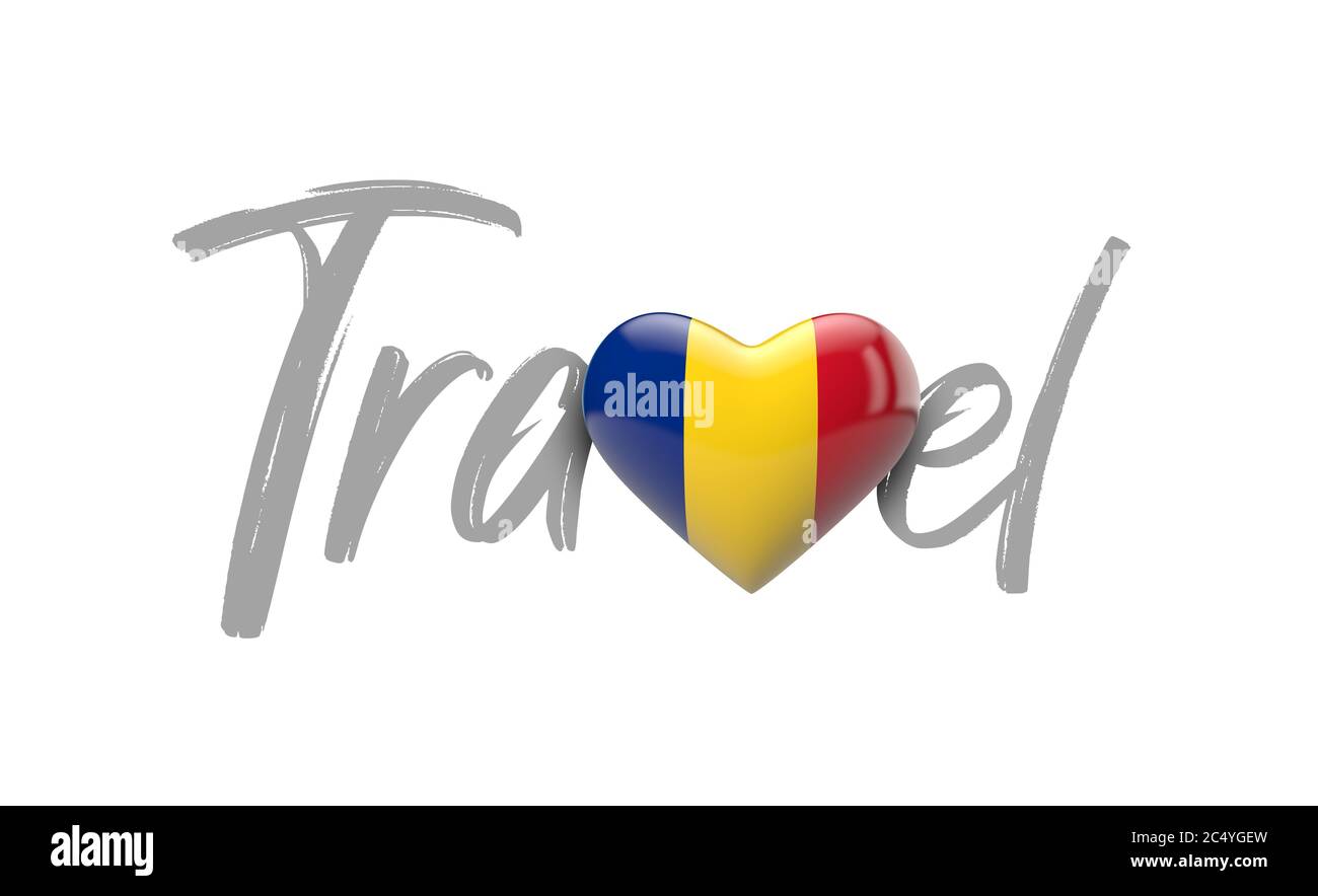 Viaggio Romania amore cuore bandiera. Rendering 3D Foto Stock