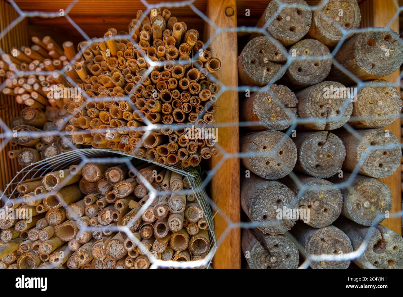 Insetto hotel, creato artificialmente nidificazione e wintering aiuti per insetti, fatto di materiali naturali, rete metallica per la protezione contro uccelli, Foto Stock