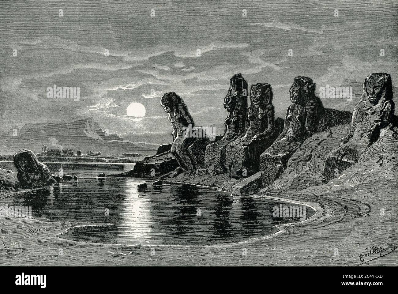 Questa illustrazione risale ai primi del 1900 e mostra le statue di Amehotep della dea Mut, l'antica dea egiziana della pace. La caratteristica aggressiva di Mut era incarnata nella dea Sekhmet. Amenhotep (governato c.1356-1383 c.c.) fu il nono faraone dell'antica XVIII dinastia egiziana, durante il periodo noto come nuovo Regno. Ha creato molte statue di Sekhmet/Mut - alcune viste qui in rovina. Amenhotep sperano che aiutino a tenere la malattia lontano da lui. Foto Stock