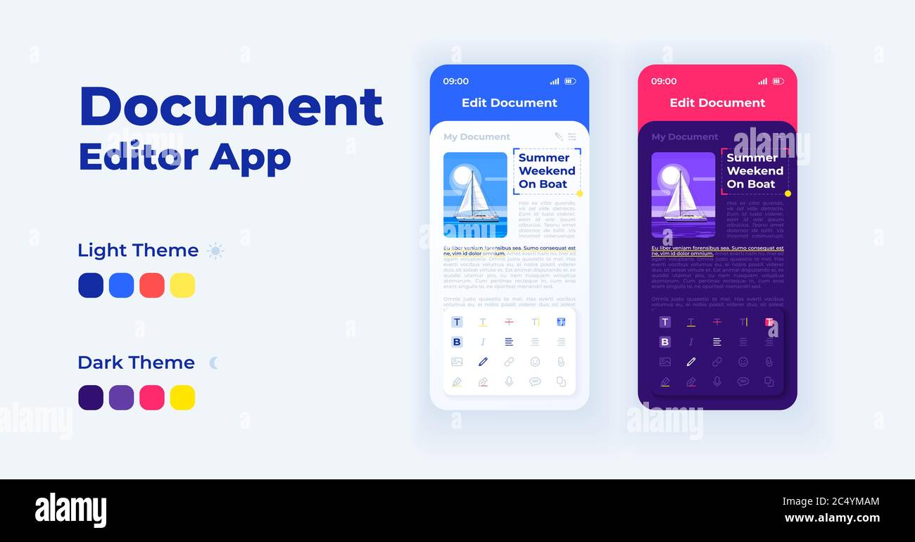 Document Editor set di modelli vettoriali per l'interfaccia dello smartphone Illustrazione Vettoriale
