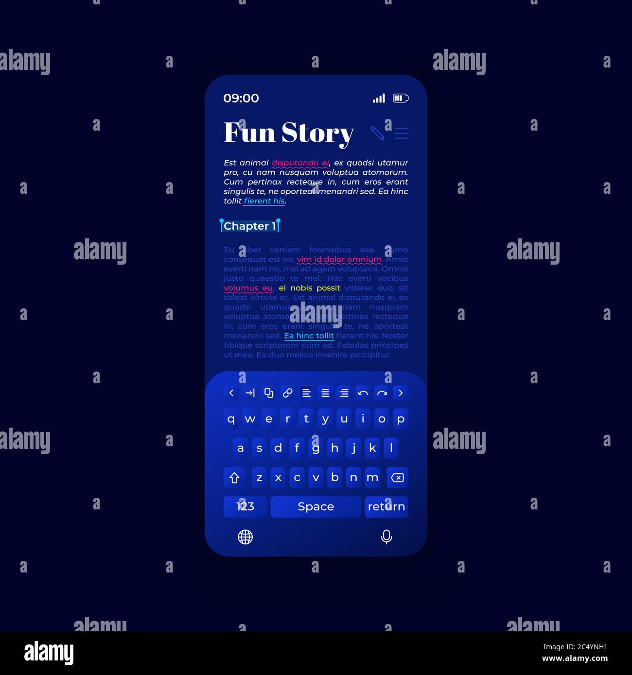 Modello vettoriale interfaccia smartphone per la scrittura di testo Illustrazione Vettoriale