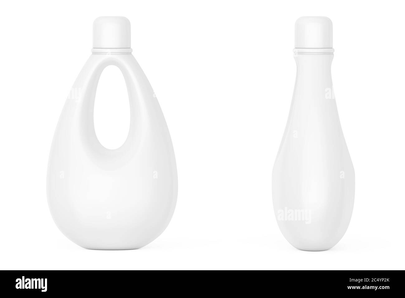 Bianco bottiglia di plastica per candeggina, detergente liquido per bucato o ammorbidente per tessuti su fondo bianco. Rendering 3d. Foto Stock