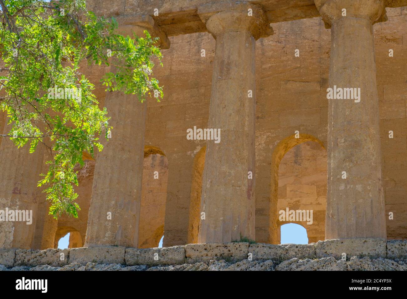 Particolare del Tempio della Concordia (greco: Harmonia) , costruito intorno al 440-430 a.C., che è un antico tempio greco dell'antica città di Akragas, situato in Foto Stock