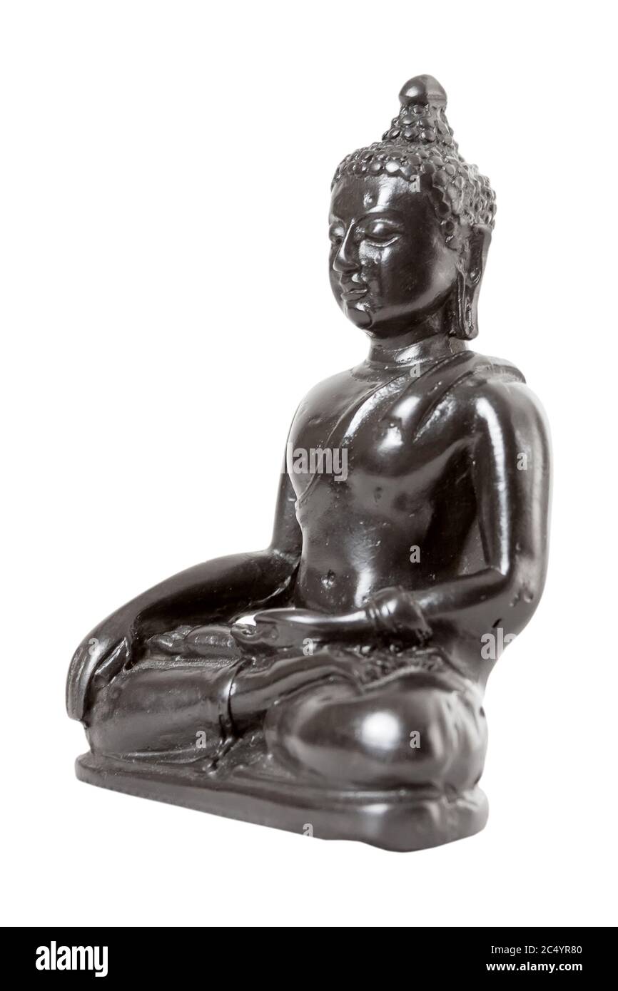 Statua di Buddha in legno su sfondo bianco Foto Stock