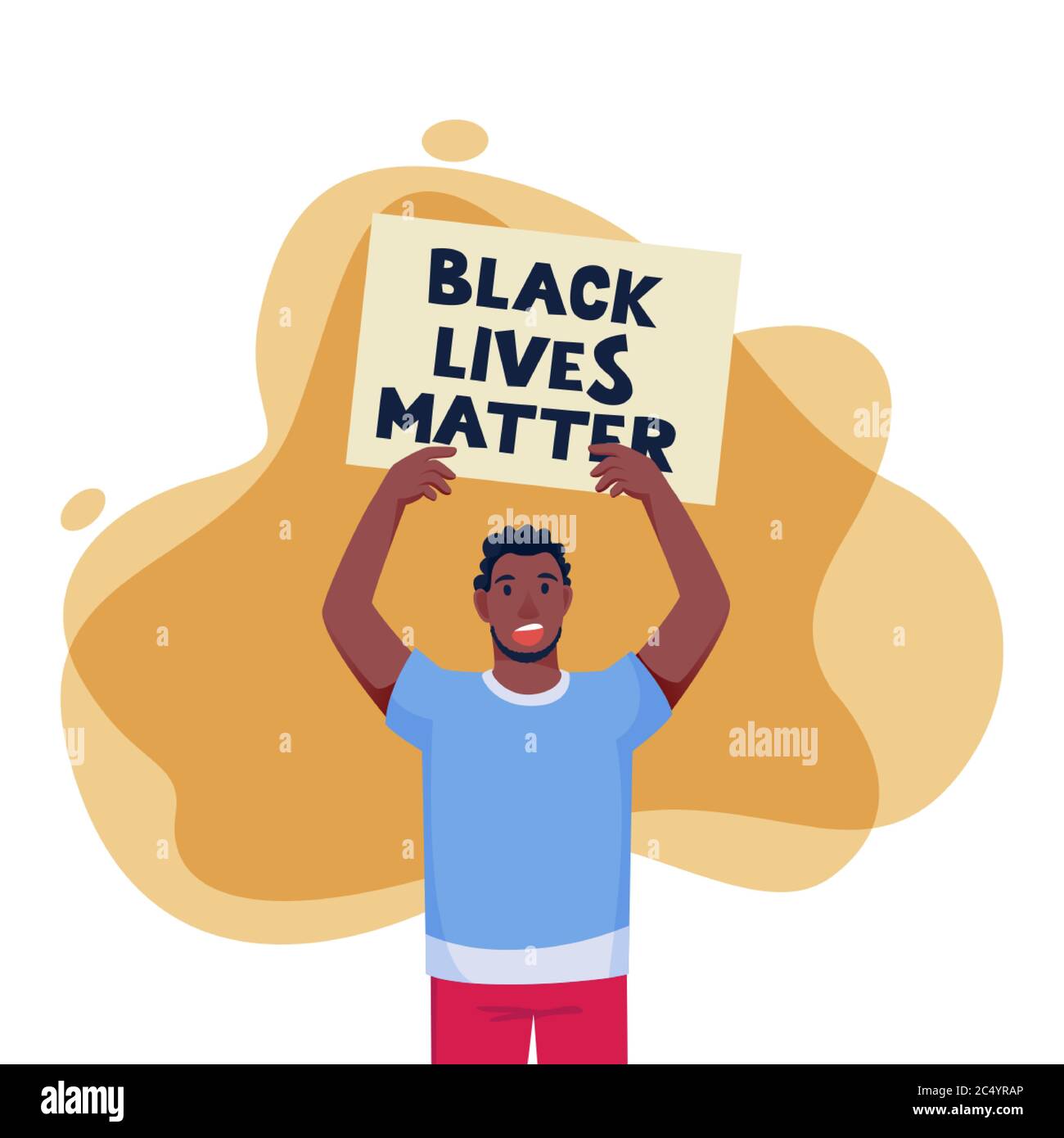 L'uomo afro-americano che protestava sollevò le mani con un poster. Le vite nere contano, protestano, lottano per il concetto di diritti. Vettore piatto cartoon carattere ill Illustrazione Vettoriale