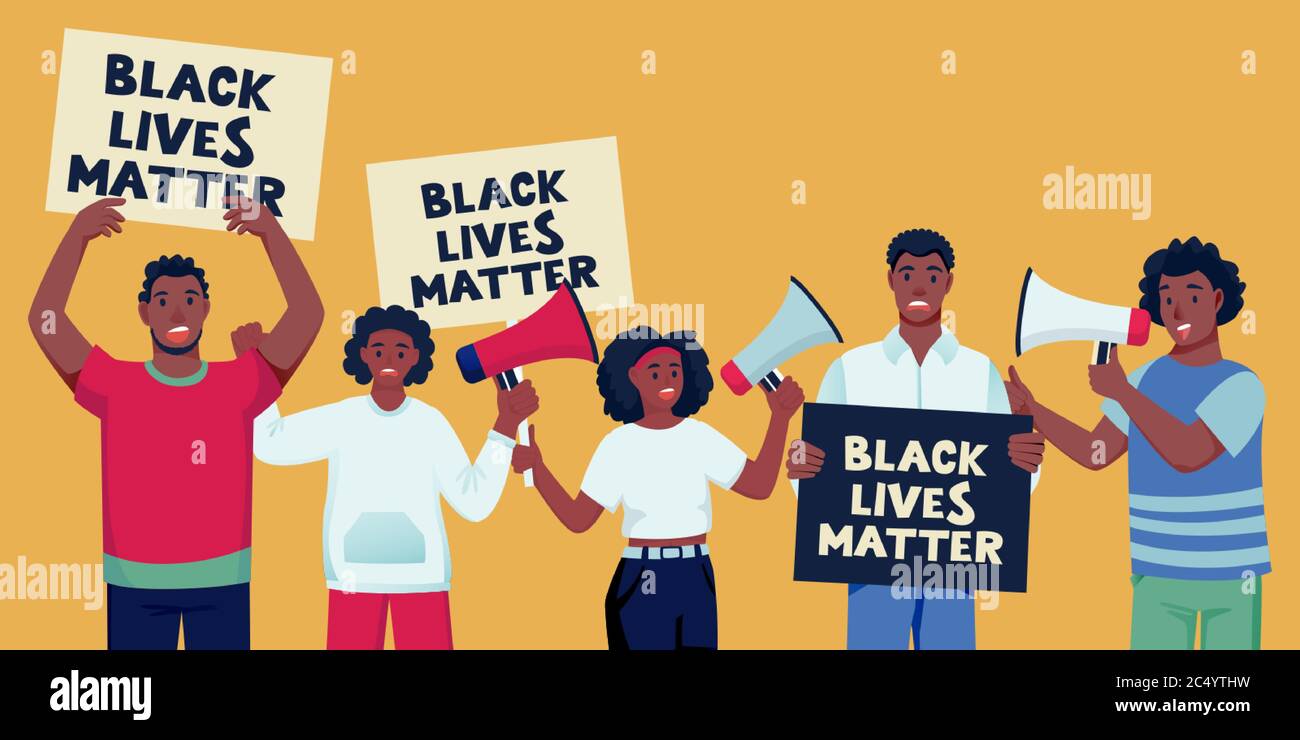 Afro-americani protestando con manifesti, altoparlanti. Le vite nere contano, protestano e lottano per il concetto di diritti. Carattere vettoriale a fumetto piatto Illustrazione Vettoriale