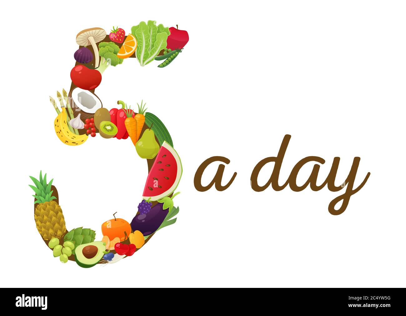 Cinque un giorno, concetto di nutrizione sana. Silhouette isolata numero cinque fatta di frutta e verdura. Illustrazione vettoriale. L'illustrazione è composta Illustrazione Vettoriale