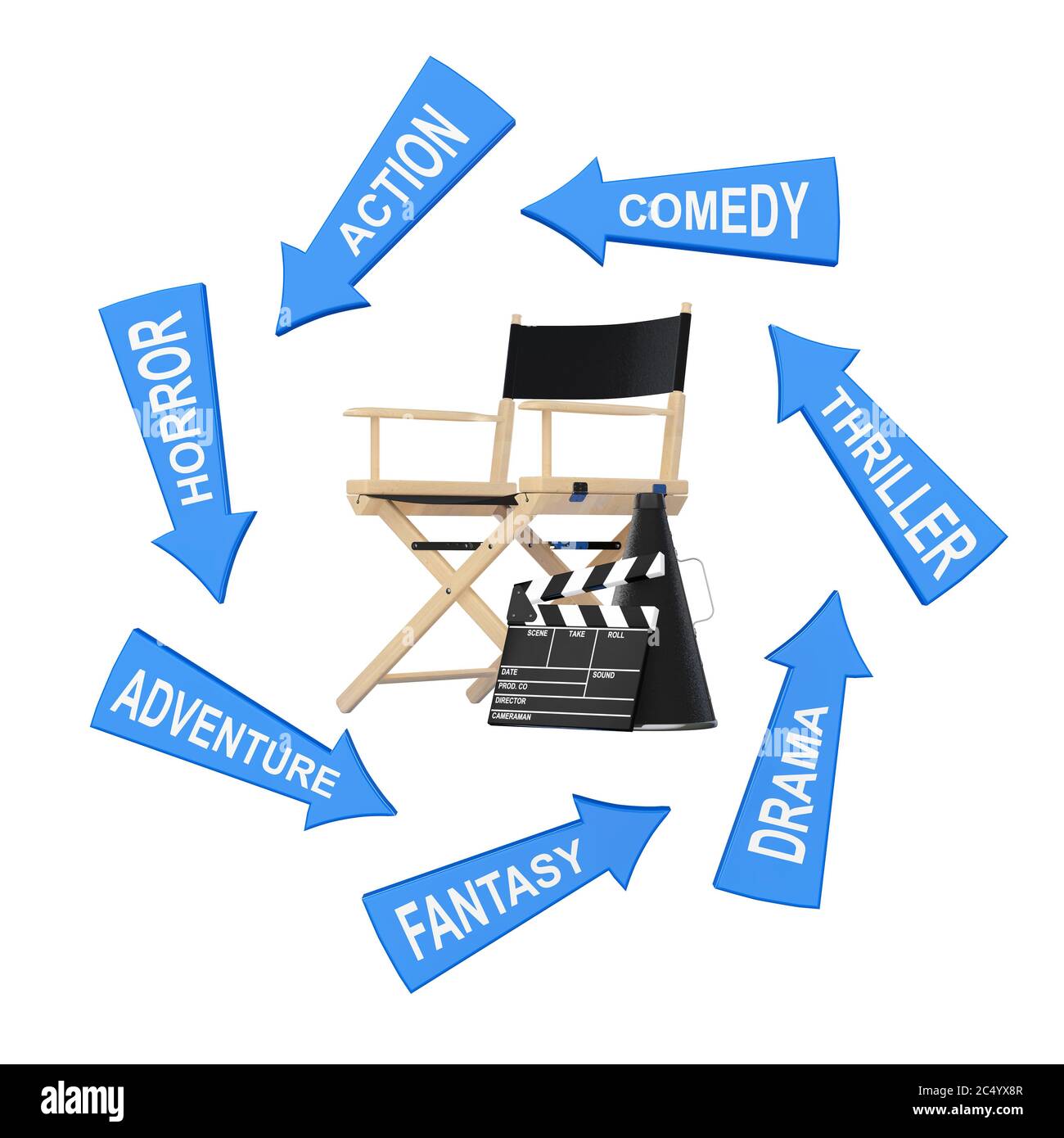 Frecce con Cinema Styles intorno a Director Chair, Movie Clapper e Megaphone su sfondo bianco. Rendering 3d. Foto Stock