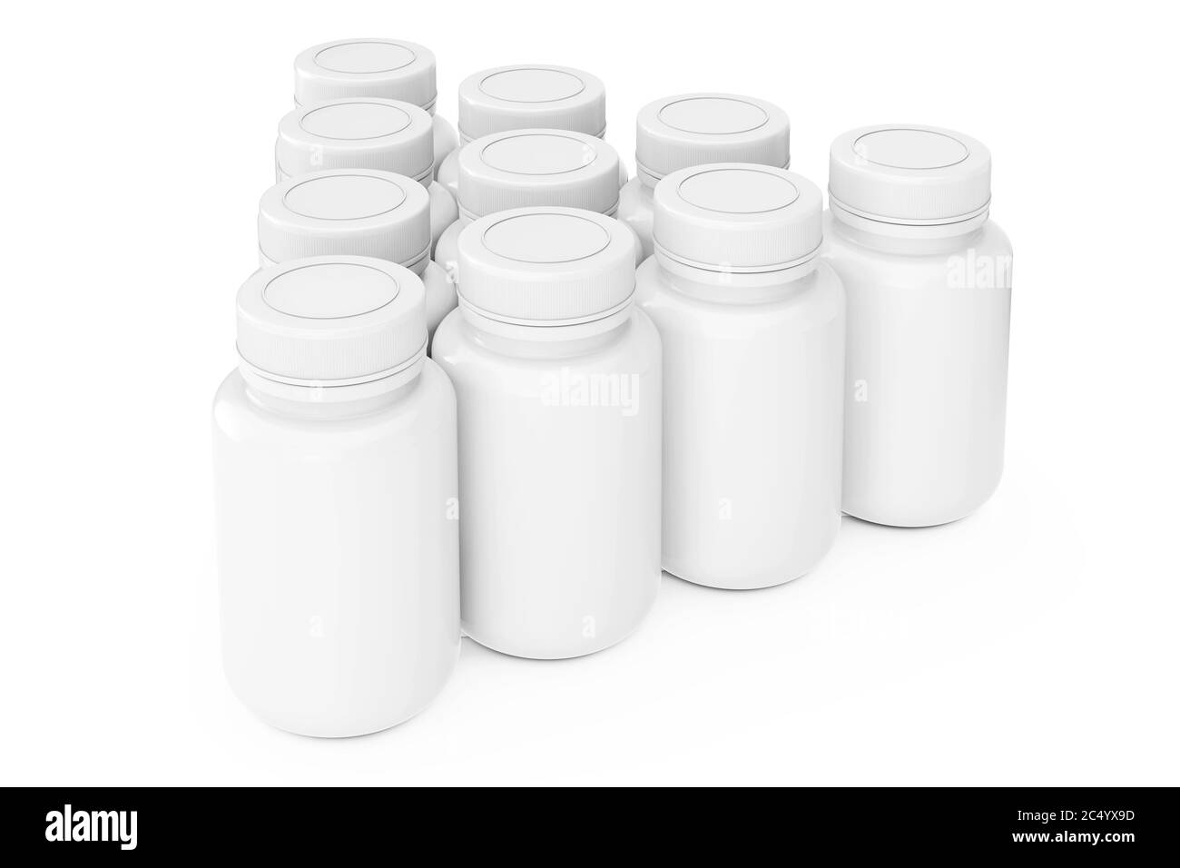 File di pillole bianche di plastica bottiglie su sfondo bianco. Rendering 3d. Foto Stock