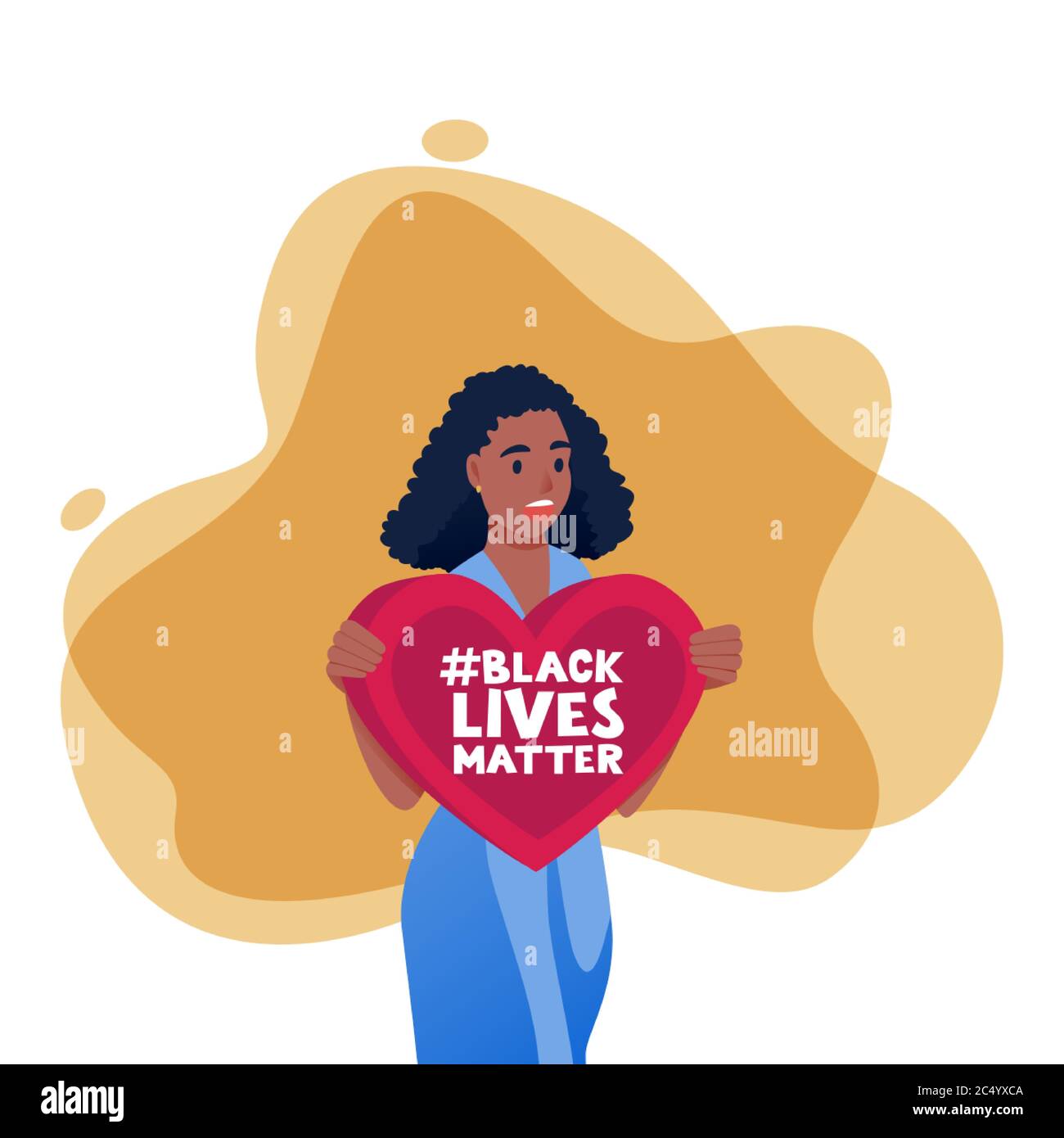 Donna afro-americana protestante con hashtag sul poster del cuore. Le vite nere contano, protestano e lottano per il concetto di diritti. Carattere cartoon piatto vettoriale Illustrazione Vettoriale