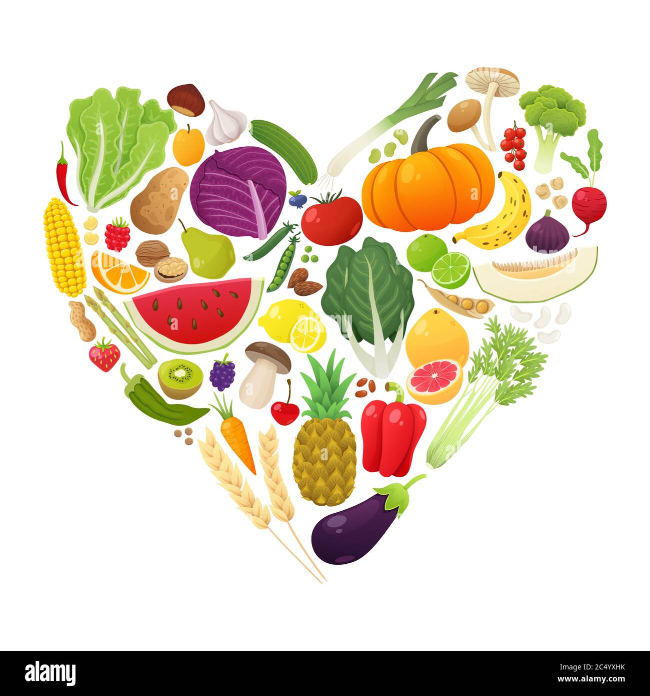 Silhouette a cuore isolato fatta di frutta e verdura. Concetto di set di alimenti sani. Illustrazione vettoriale. Illustrazione Vettoriale