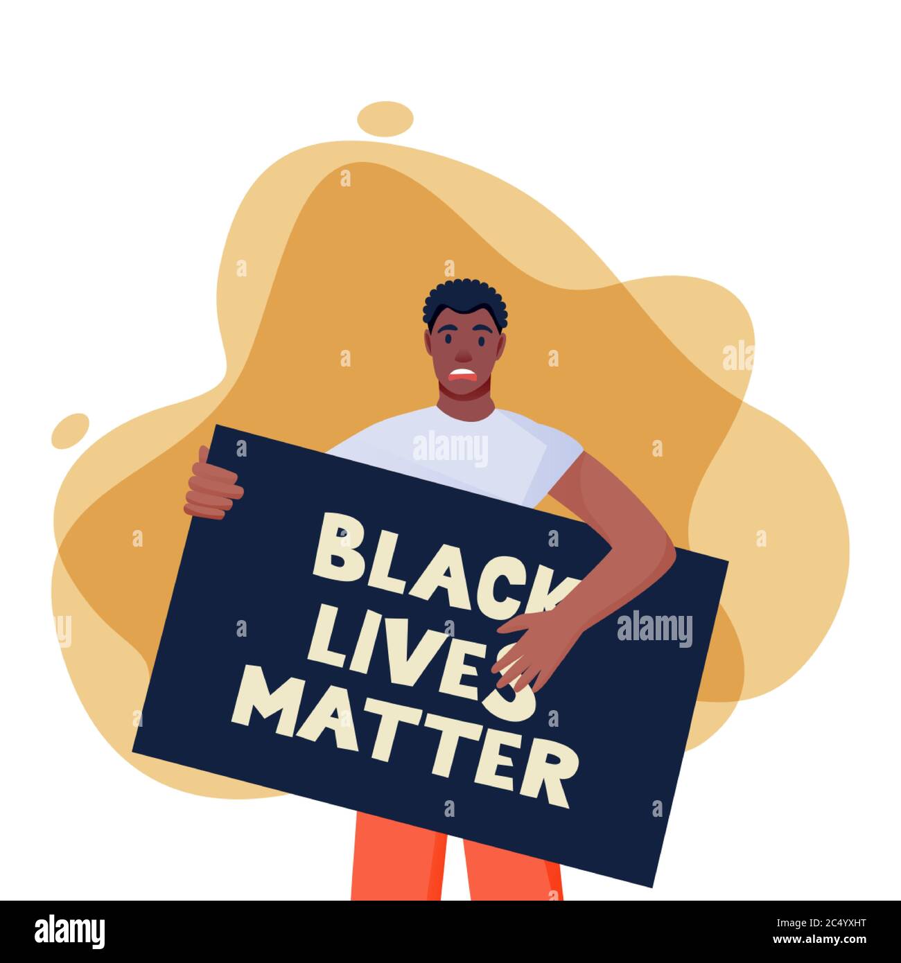 L'uomo afro-americano protestante con poster, isolato su sfondo bianco. Le vite nere contano, protestano, lottano per il concetto di diritti. Cartoon vettoriale piatto Illustrazione Vettoriale