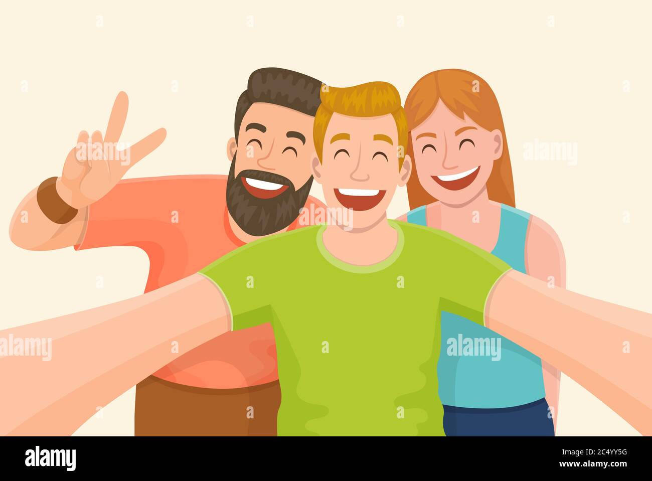 Gruppo di tre amici che prendono un selfie. Amicizia e concetto di gioventù. Illustrazione vettoriale. Illustrazione Vettoriale