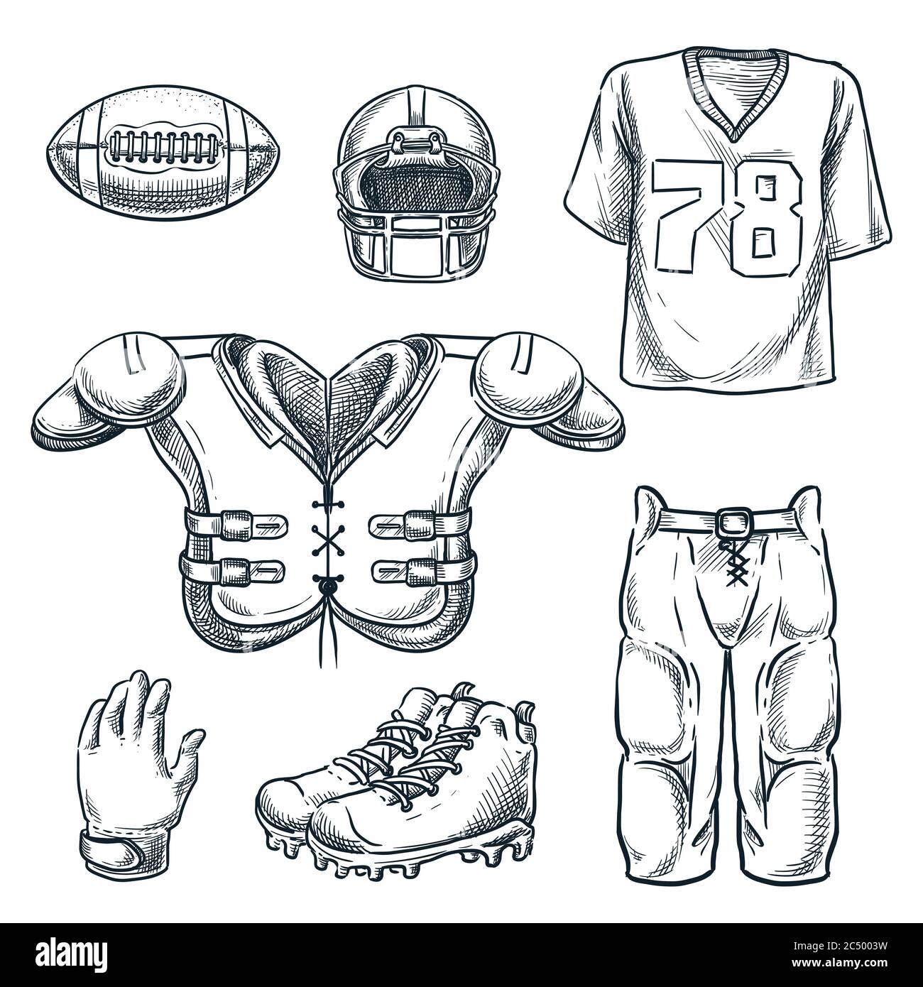 Attrezzature sportive per il calcio americano. Illustrazione dello schizzo disegnata a mano dal vettore. Icone di palla, casco, maglietta uniforme e equipaggiamento di protezione, isolate su bianco Illustrazione Vettoriale