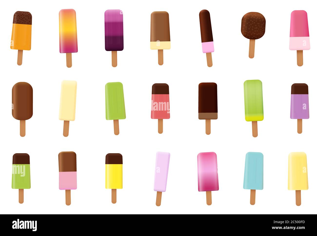 Assortimento di lecci di ghiaccio. Set di pop-sicle assortite e colorate, molti sapori diversi - illustrazione su sfondo bianco. Foto Stock