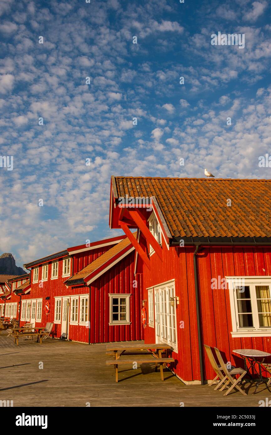 Vecchie cabine di pesca convertite in hotel a Svolvaer nella Contea di Nordland, Isole Lofoten, Norvegia. Foto Stock