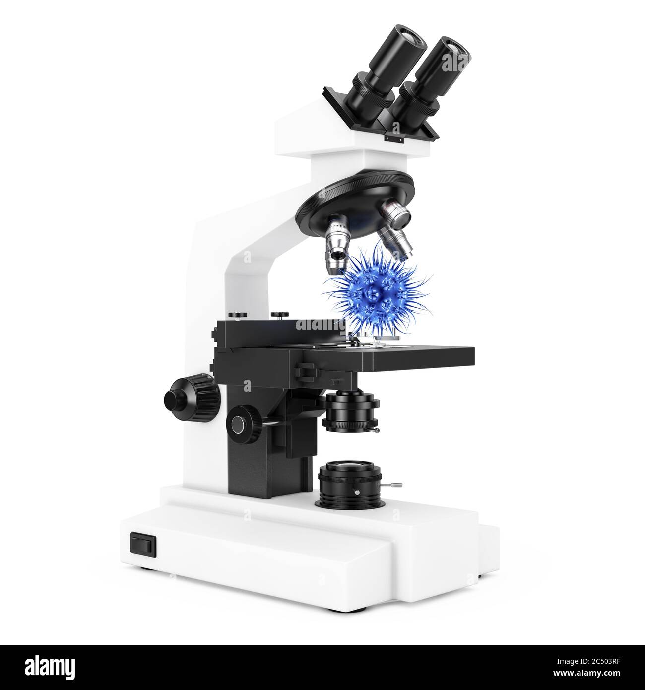 Microscopio moderno da laboratorio e cellula di virus blu o batteri su  sfondo bianco. Rendering 3d Foto stock - Alamy
