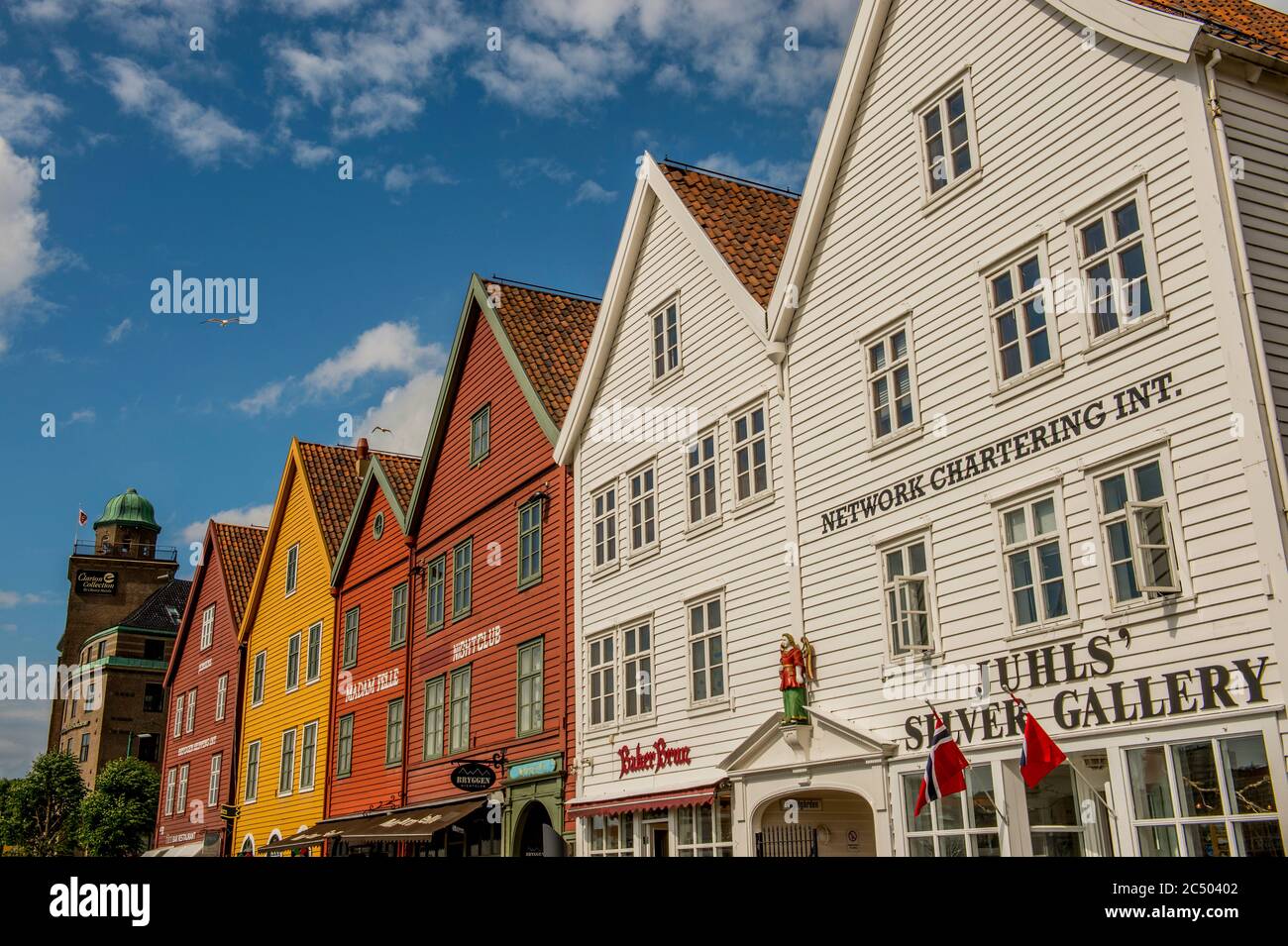 Vecchi edifici commerciali anseatici a Bryggen, un sito patrimonio dell'umanità, a Bergen, Norvegia. Foto Stock