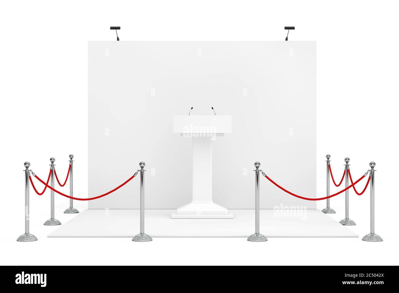 Barriera corda intorno al salone stand con White Podium Tribune rostrum Stand con microfoni su sfondo bianco. Rendering 3d. Foto Stock