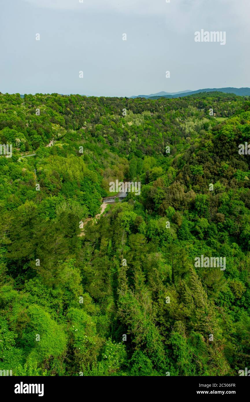 Vista sulle colline boscose circostanti di Pitigliano, comune in provincia di Grosseto, Toscana meridionale, Italia. Foto Stock