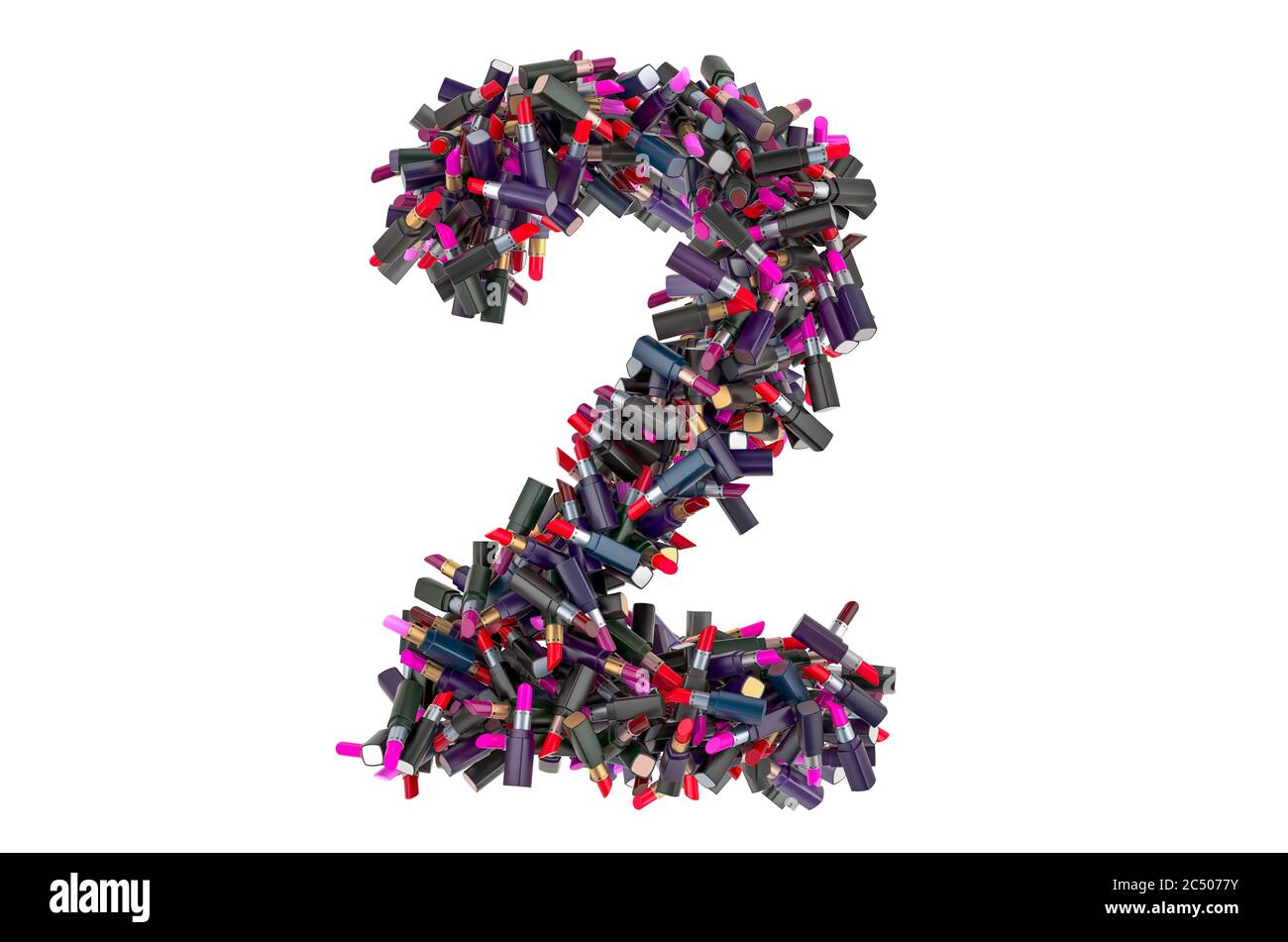 Numero 2 da rossetti colorati, rendering 3D isolato su sfondo bianco Foto Stock