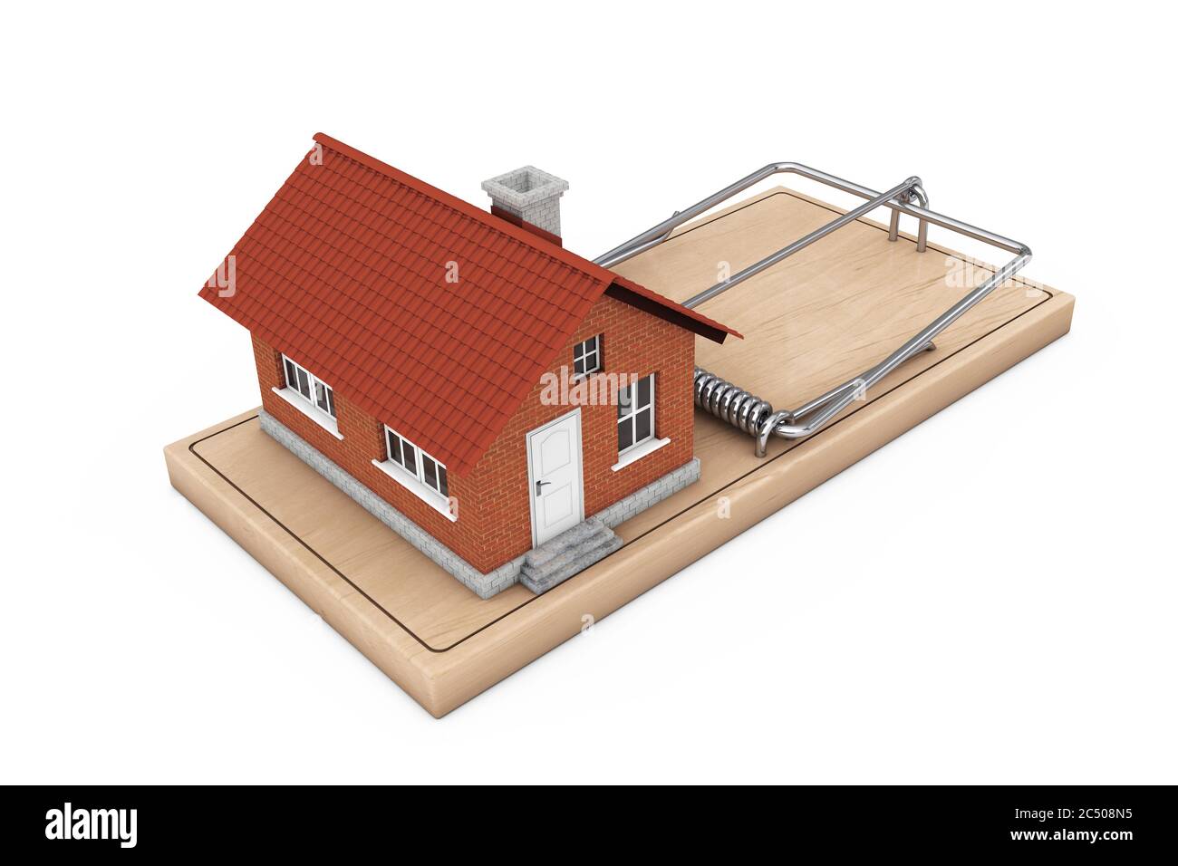 Concetto di prestito di costruzione. Casa costruzione sopra Mousetrap di legno su uno sfondo bianco. Rendering 3d. Foto Stock