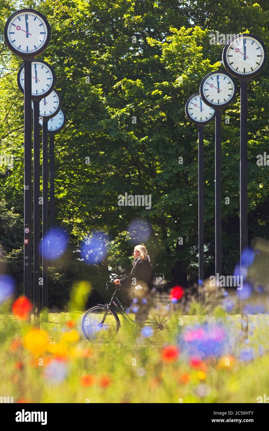 Pezzo d'arte Zeitfeld (campo temporale), 24 stazioni orologio in esecuzione in sincronia al Volksgarten a Duesseldorf, Germania, Nord Reno-Westfalia, basso Reno, Dusseldorf Foto Stock