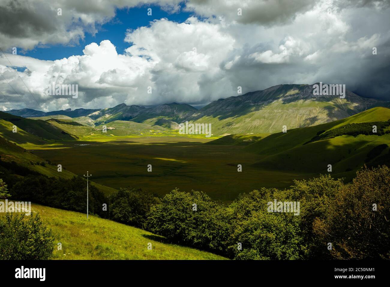 Panorama di piano Grande intorno a Castelluccio di Norcia, con inizio fioritura (giugno 2020): Campi di colore sontuoso. Suggestivo scenario naturale. Foto Stock