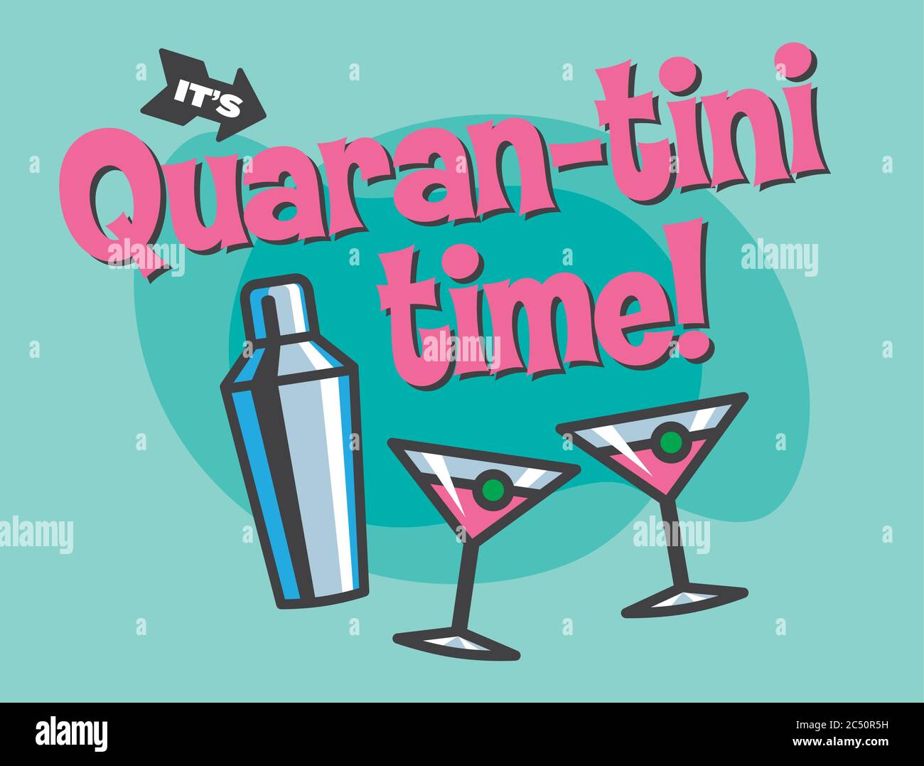 È tempo di un martini in quarantena. Illustrazione vettoriale di bicchieri martini e shaker da cocktail. Illustrazione Vettoriale