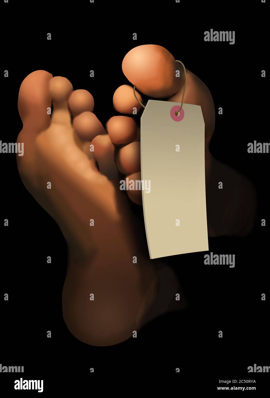 I piedi di una persona deceduta sono raffigurati in questa illustrazione. Un'etichetta vuota sulla punta si appende ai piedi. Questa è un'area per la vostra copia (testo). Foto Stock