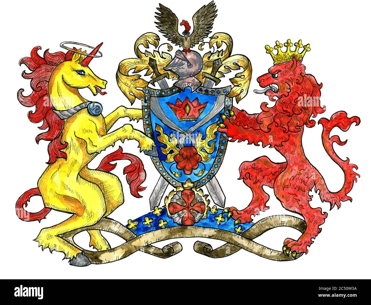 Emblema araldico con unicorno e bestia di leone isolato su bianco. Illustrazione colorata incisa con mitologia e creature fantasy in vecchio stile, medie Foto Stock
