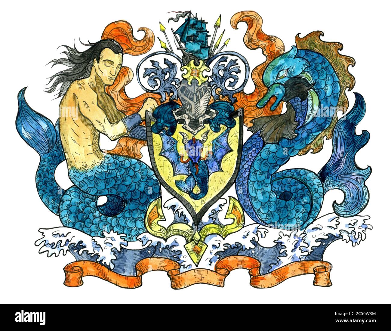 Emblema araldico colorato con sirena e dolfica isolato su bianco. Illustrazione colorata incisa con mitologia e creature fantasy in vecchio stile, Foto Stock