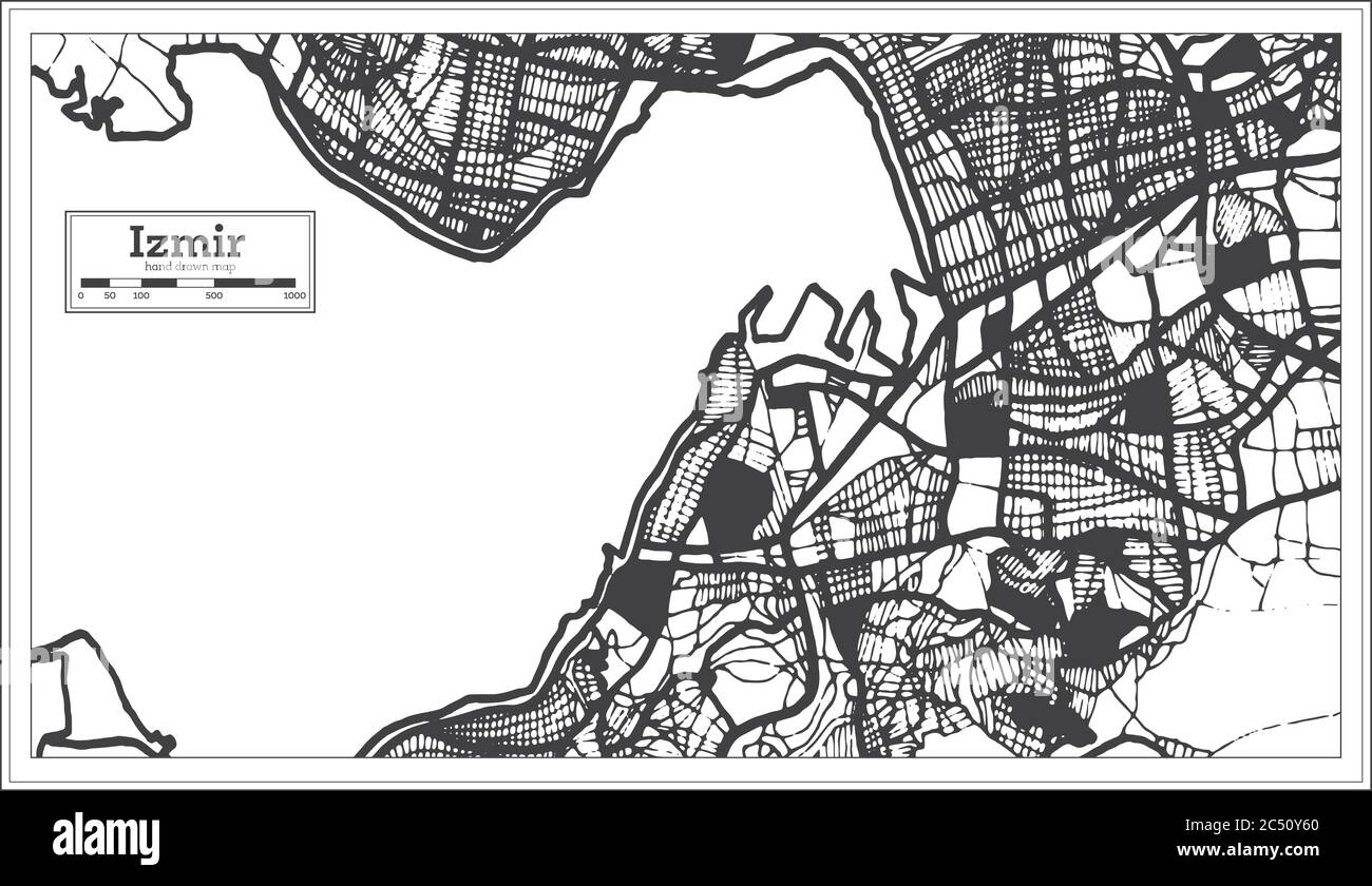Mappa della città di Izmir Turchia in bianco e nero in stile retro. Mappa di contorno. Illustrazione vettoriale. Illustrazione Vettoriale