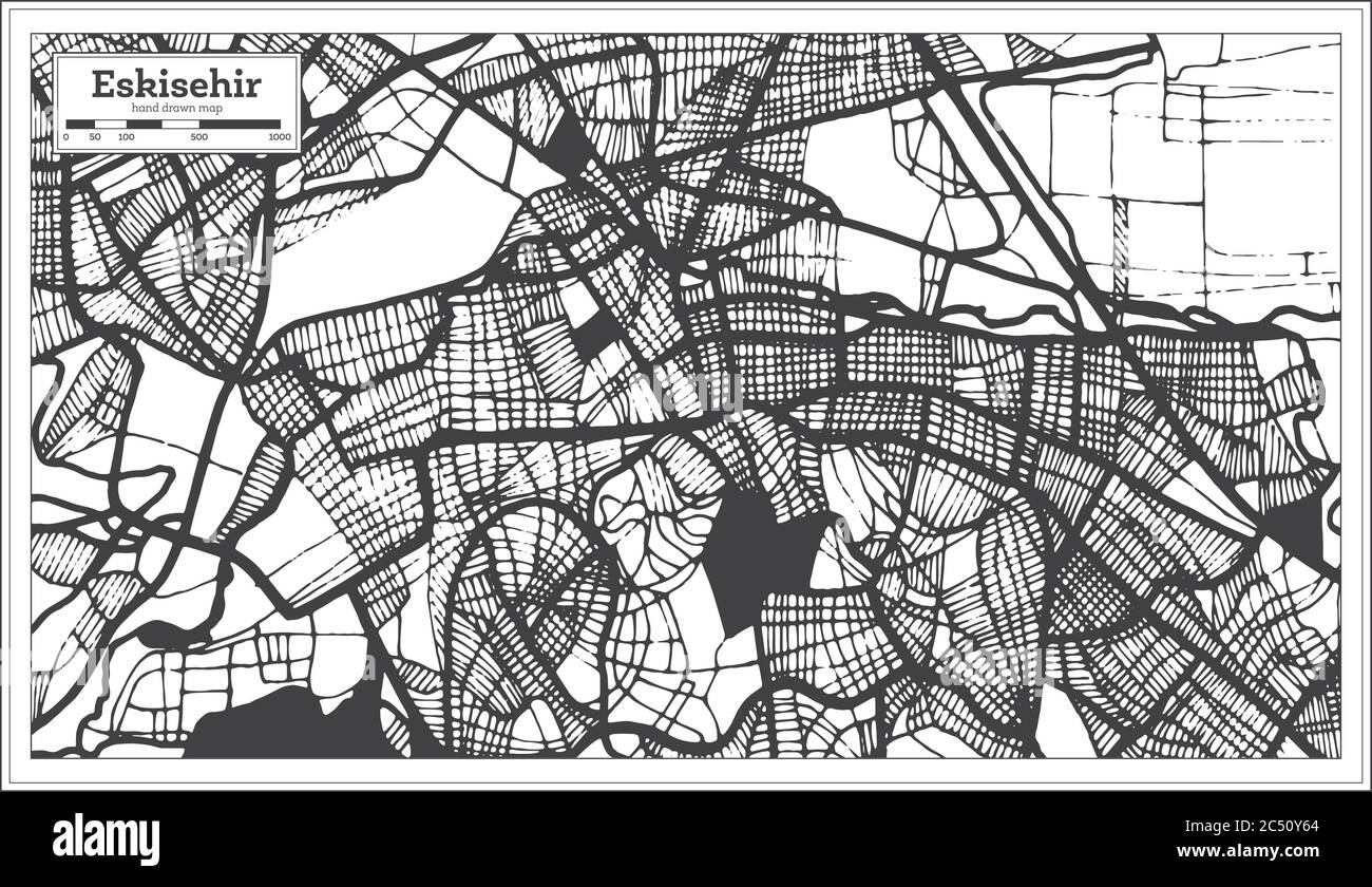 Mappa della città di Eskisehir Turchia in bianco e nero in stile retro. Mappa di contorno. Illustrazione vettoriale. Illustrazione Vettoriale