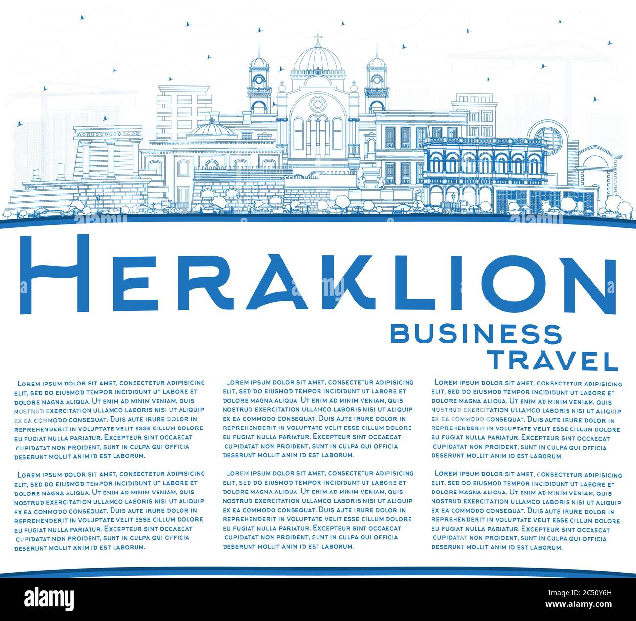 Profilo Heraklion Grecia Crete skyline della città con edifici blu e Copy Space. Illustrazione vettoriale. Architettura storica e moderna. Heraklion. Illustrazione Vettoriale