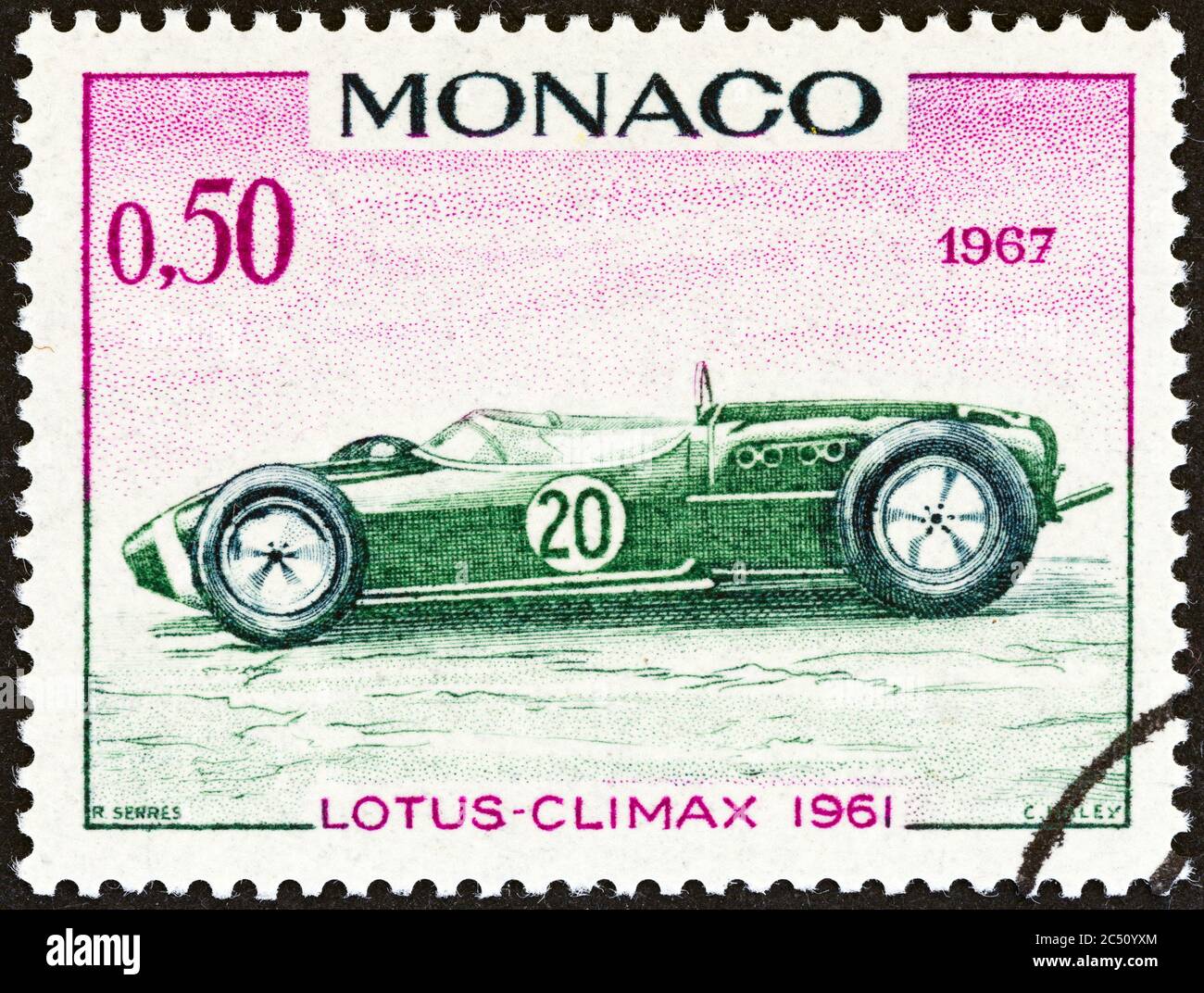 MONACO - CIRCA 1967: Un francobollo stampato a Monaco mostra la Lotus-Climax Grand Prix di 1961, vincitore del Gran Premio di Monaco, circa 1967. Foto Stock