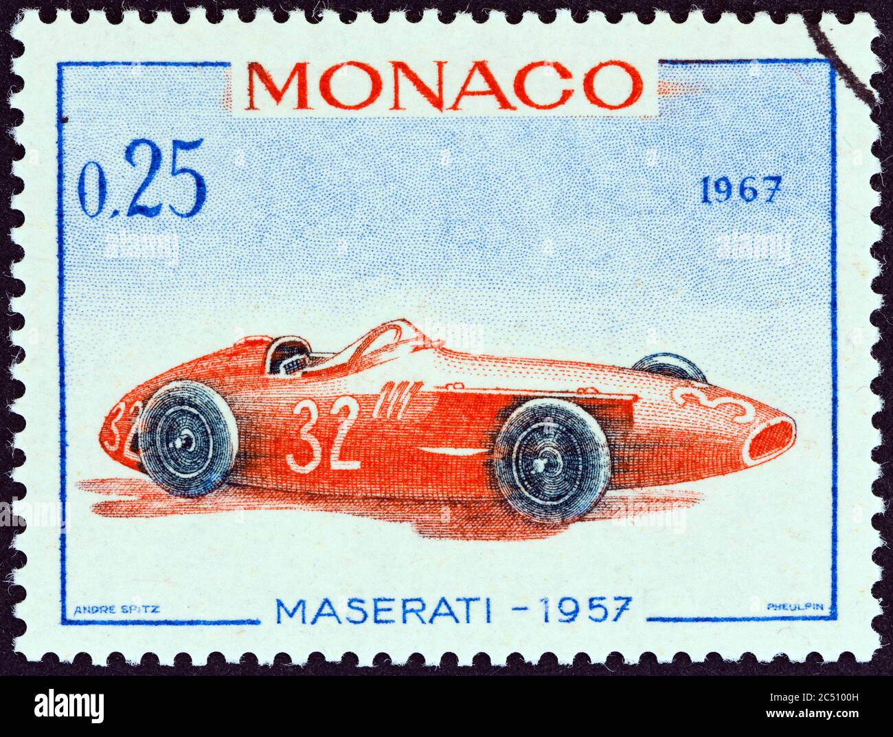 MONACO - CIRCA 1967: Un francobollo stampato a Monaco mostra la Maserati Grand Prix della 1957, vincitrice del Gran Premio di Monaco, circa 1967. Foto Stock