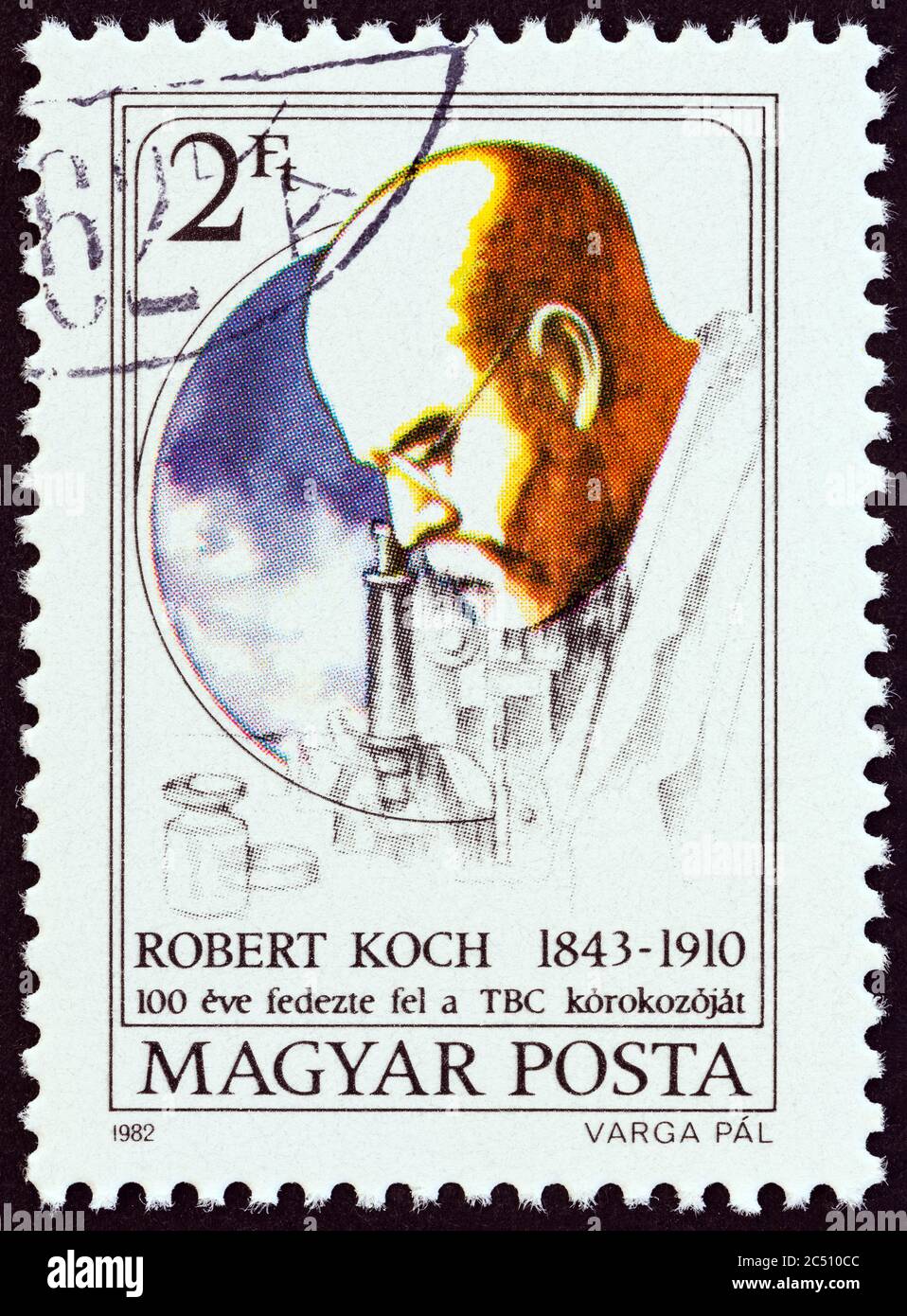 UNGHERIA - CIRCA 1982: Un francobollo stampato in Ungheria dal centenario della scoperta del bacillo tubercolare edizione mostra il Dr. Robert Koch, circa 1982. Foto Stock