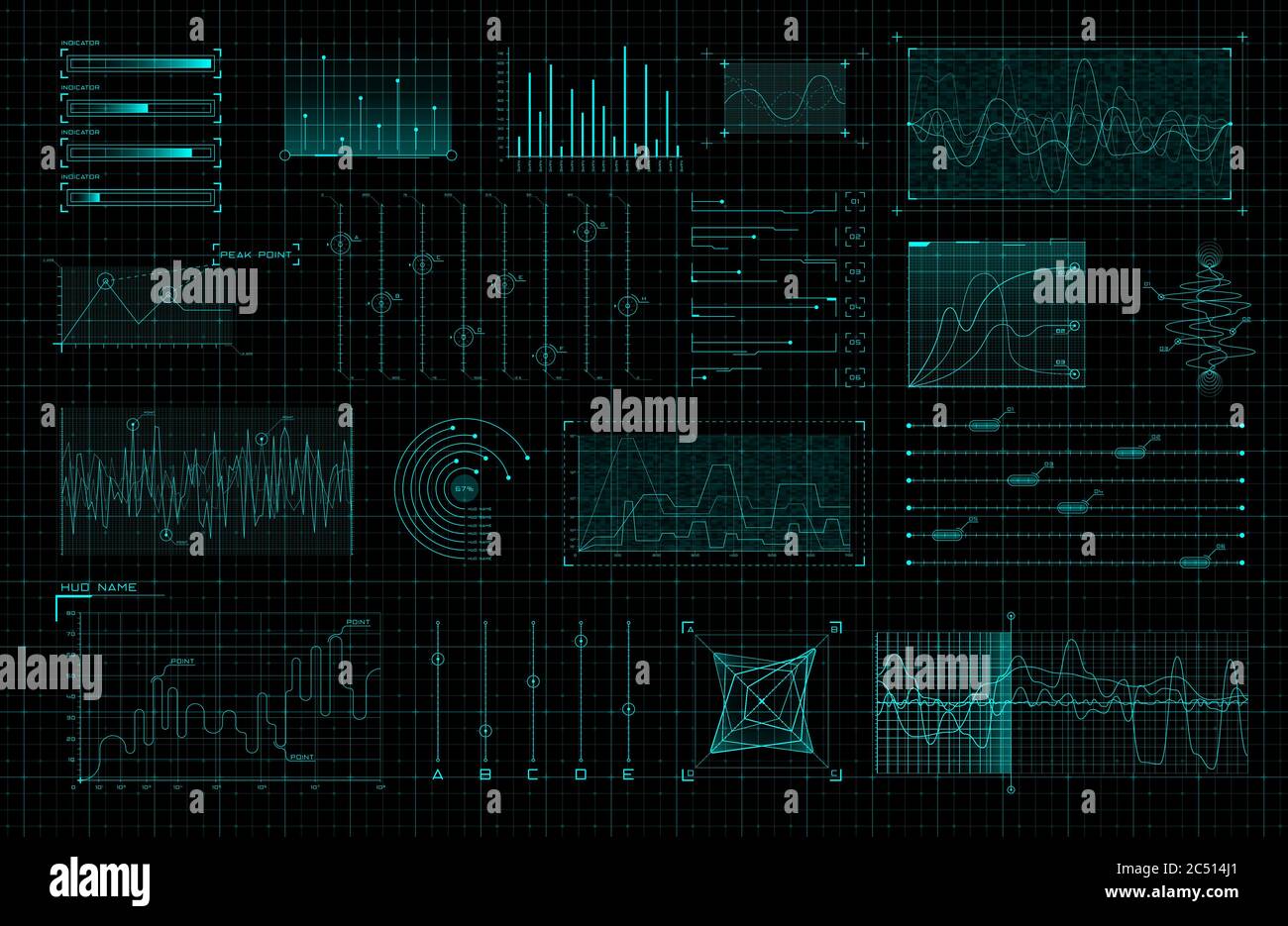 Set di elementi infografici HUD. Diagrammi e diagrammi sci-fi per interfaccia utente futuristica e GUI. Tema dell'analisi dei big data. Grafica virtuale FUI Illustrazione Vettoriale