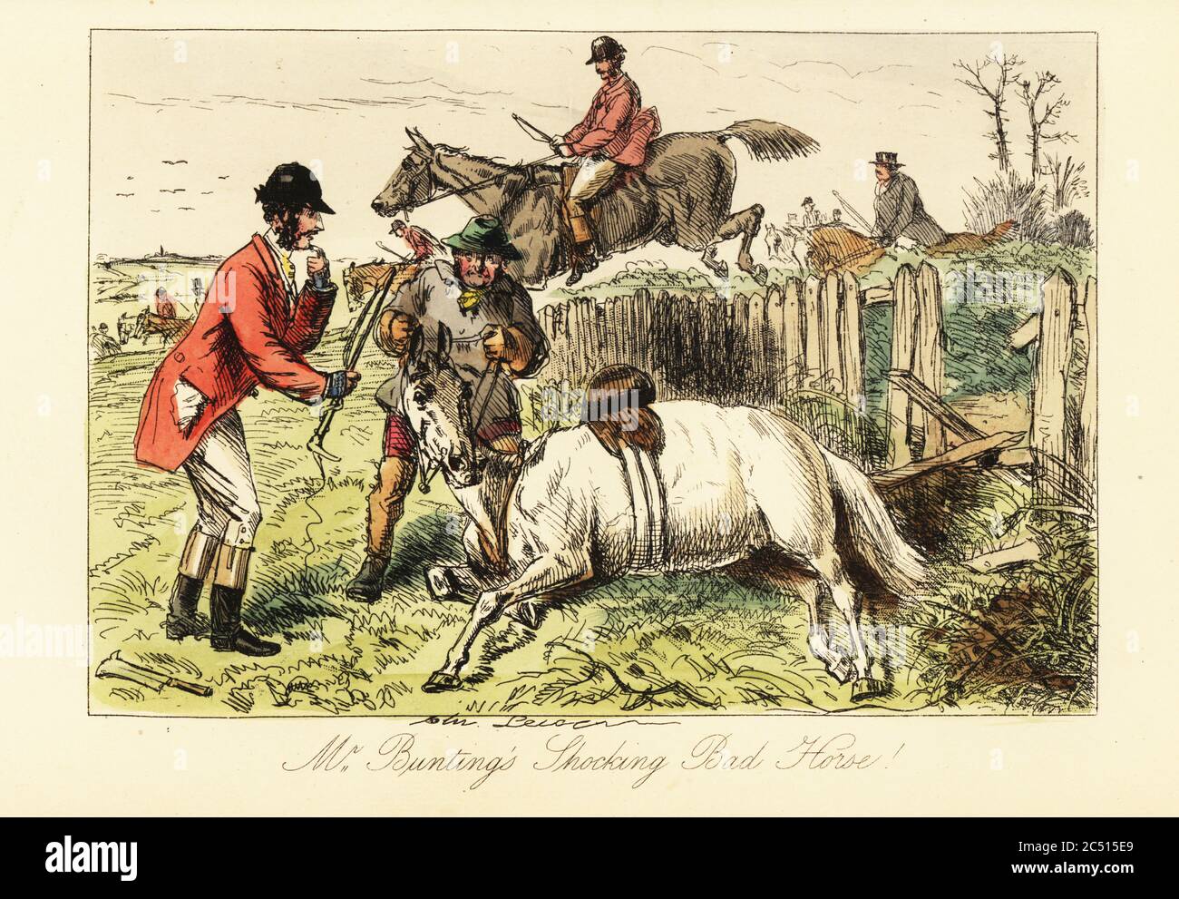 Signore inglese con il suo cavallo caduto durante una caccia alla volpe, 19 ° secolo. Jack Bunting e un woodman in fumetto e stivali cercare di sollevare il cavallo malato. Il cattivo cavallo scioccante di Bunting. Incisione in acciaio a mano dopo un'illustrazione di John Leech da Robert Smith Surtees’Plain o Ringlets?, Bradbury ed Evans London, 1860. Leech (1817-1864) è stato un caricaturista e illustratore inglese, conosciuto per il suo lavoro per la rivista Punch. Foto Stock