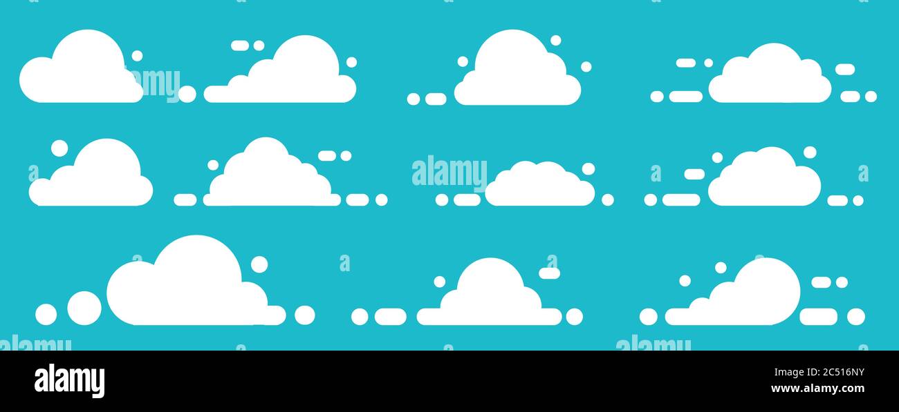 Cielo blu e nuvole bianche. Imposta elementi vettoriali nuvole immagine di stile piatto. Raccolta di diverse forme di nuvole. Elementi di design per le condizioni atmosferiche o. Illustrazione Vettoriale