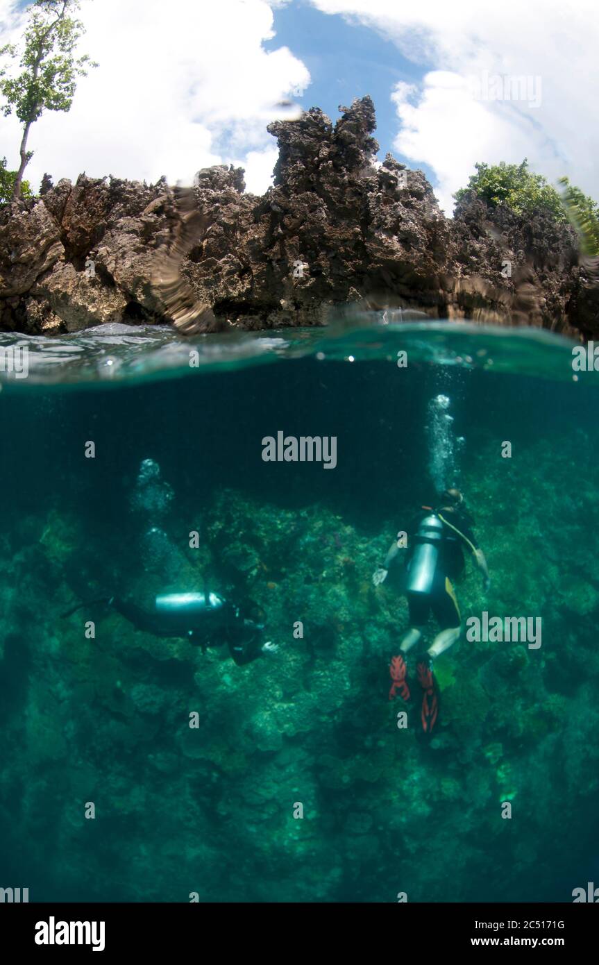 Subacquei, sito di immersione nudi Rock, isola Fiabacet, Raja Ampat, Papua occidentale, Indonesia Foto Stock