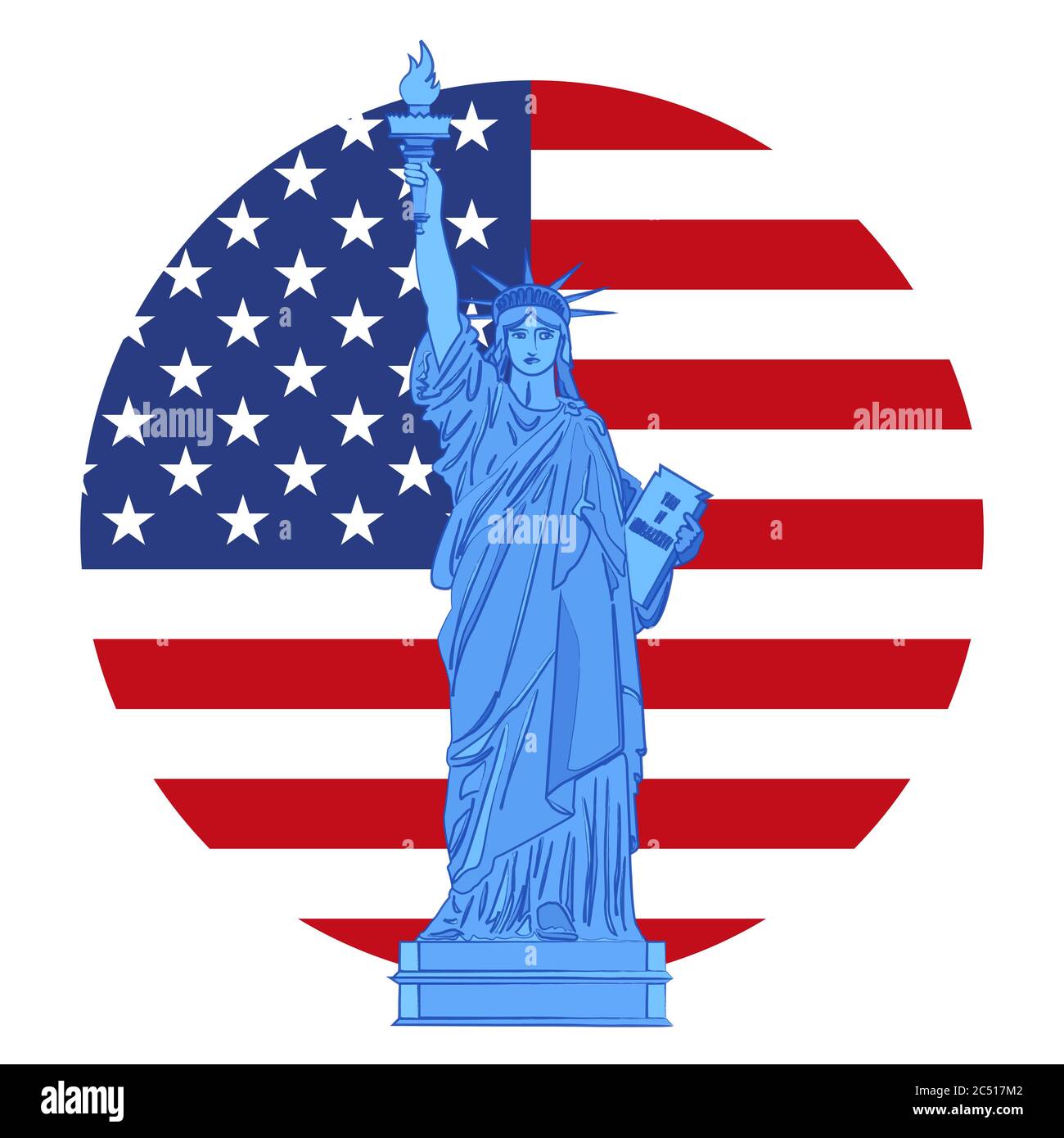Statua della libertà sullo sfondo con bandiera americana, Stati Uniti, illustrazione vettoriale Illustrazione Vettoriale