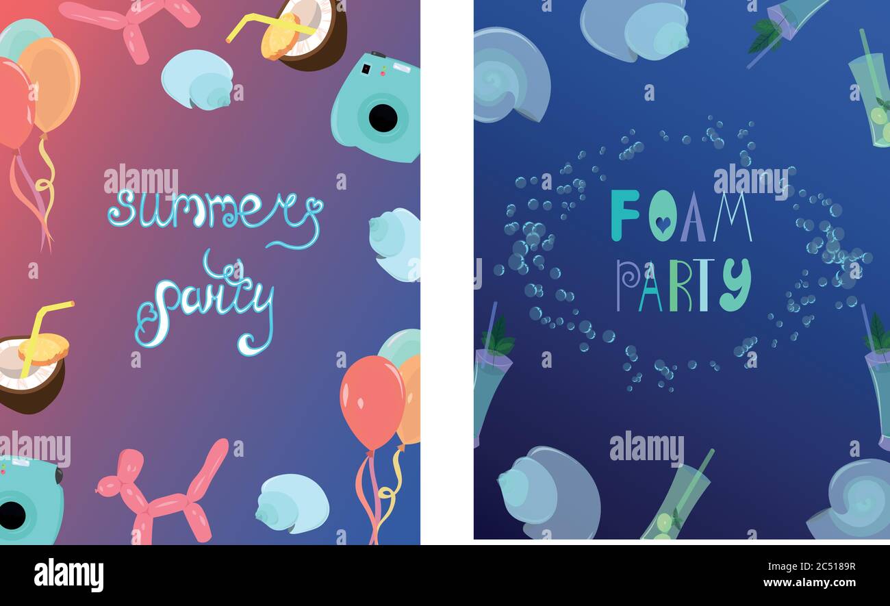 Festa estiva della schiuma. Cartolina luminosa. Palline multicolore e una macchina fotografica. Conchiglie. PinaColada e mojito. Design per frodi, inviti e pubblicità. Illustrazione Vettoriale