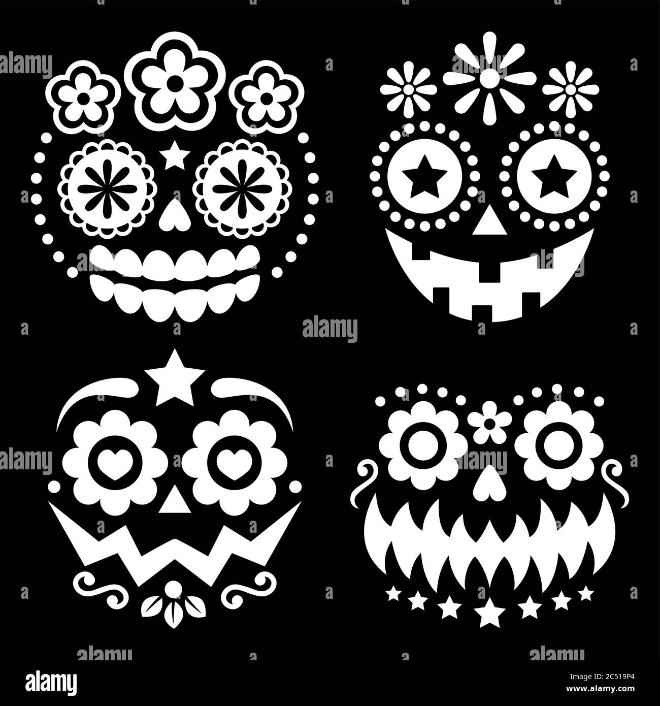 Halloween e dia de los Muertos teschi e volti di zucca disegno vettoriale - teschi di zucchero messicani in bianco su sfondo nero Illustrazione Vettoriale