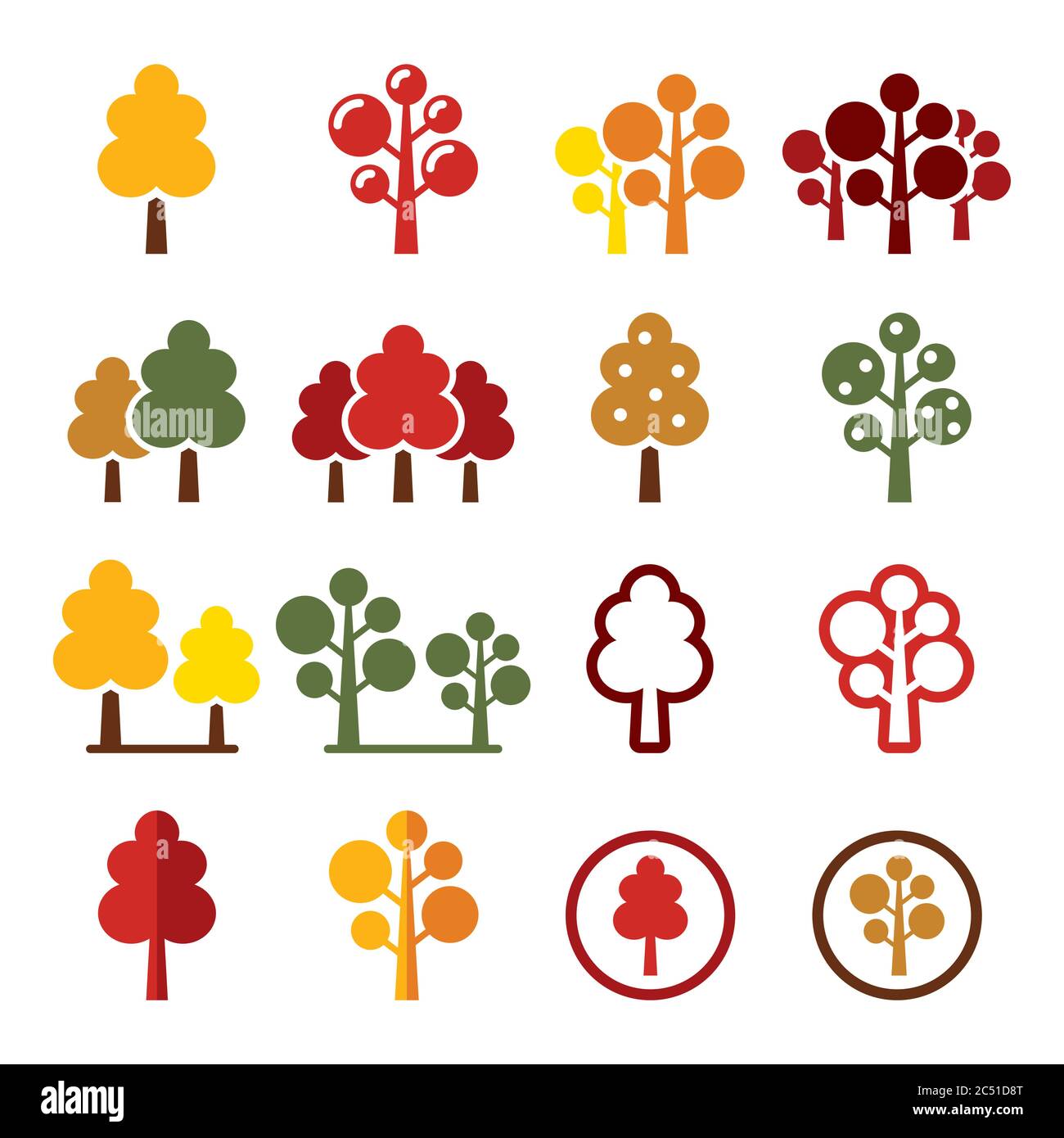 Alberi d'autunno, foresta, parco vettore icone set - natura design collezione in giallo, arancione, marrone e rosso Illustrazione Vettoriale